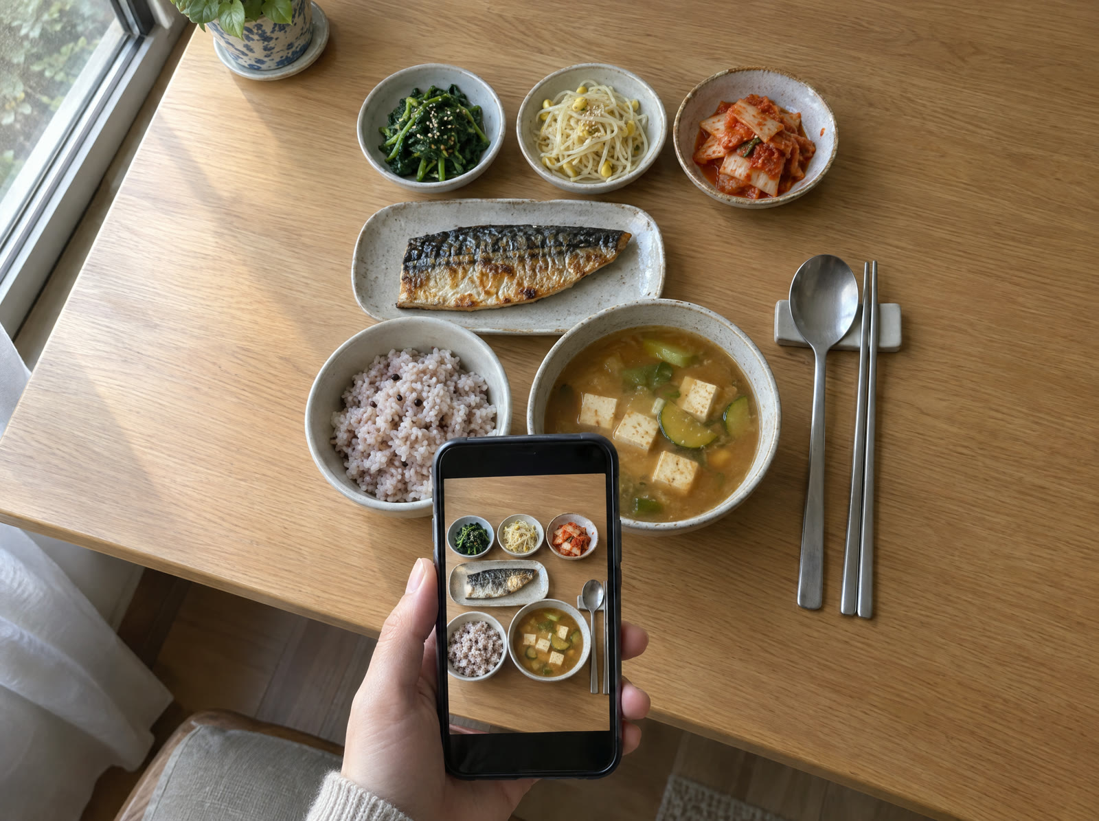 집밥 한 상을 휴대폰으로 찍는 모습